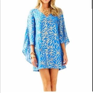 Lilly Pulitzer blue and gold cape dress